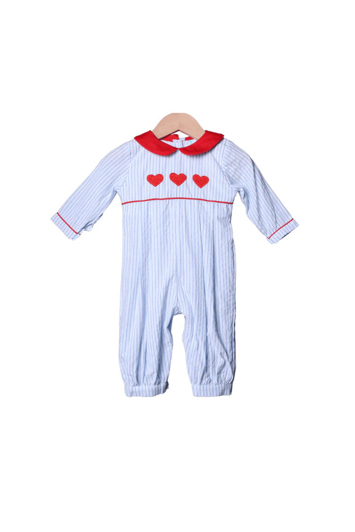 Hand Embroidered Heart Blue Pinstripe Romper | The Smocked Flamingo