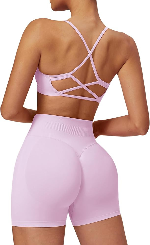 ABOCIW 2 Piece Seamless Workout Sets for Women Scoop Neck Strappy Sports Bra Scrunch Butt Lifting... | Amazon (US)