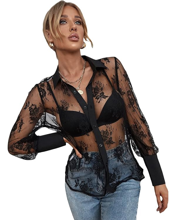 Floerns Women's Sheer Lace Button Down Long Sleeve Floral Blouse Shirt Tops | Amazon (US)