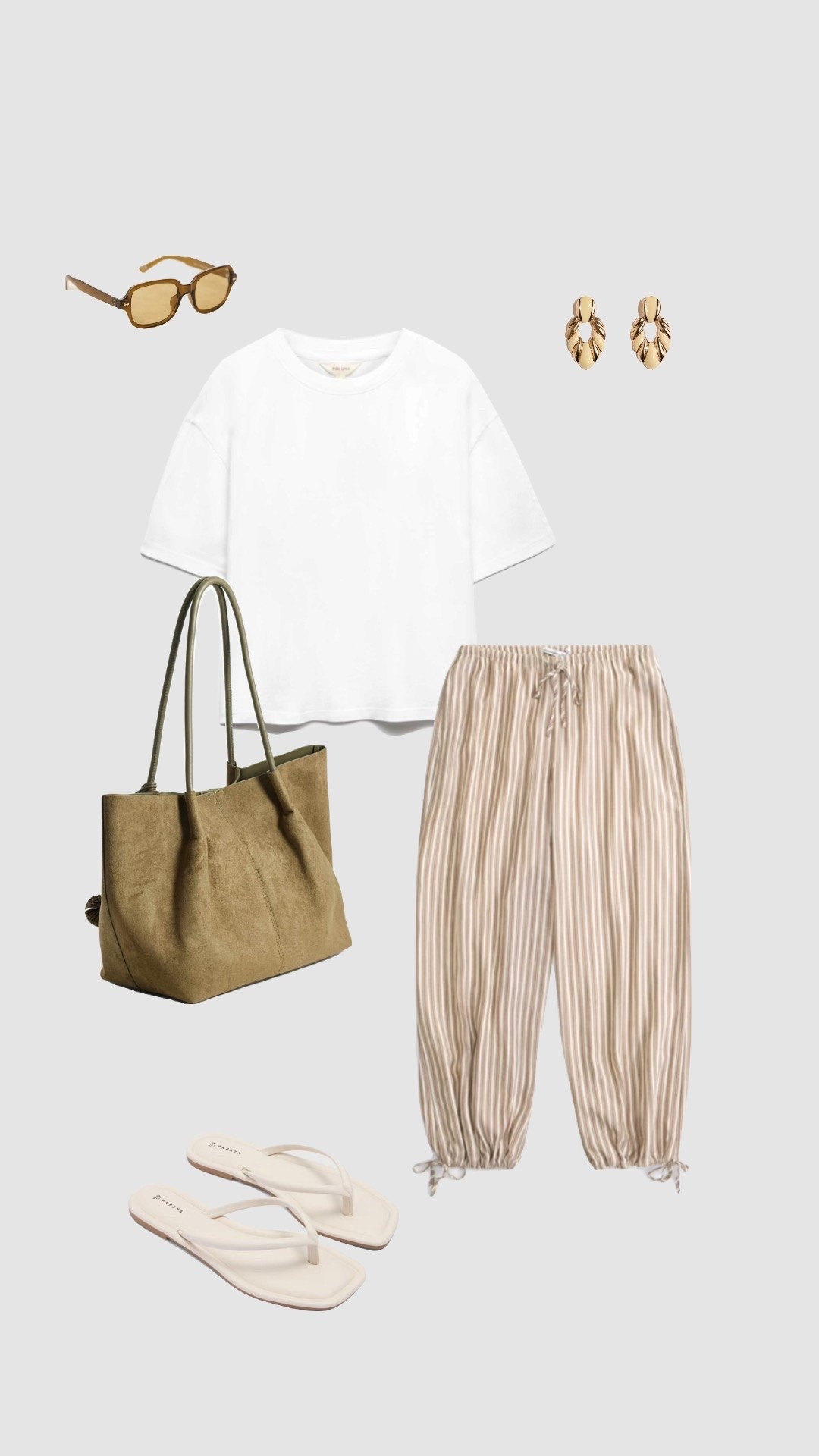 Summer Transitional Casual Outfit 🤍🌞

• striped ballon high waisted trousers boxy white t-shirt women’s uk outfits pub beer garden outfits casual office work outfit olive green tote bag cream flip flop sandals city break outfits holiday outfit 2026 trendy outfit •

#LTKsummer #LTKuk #LTKtravel