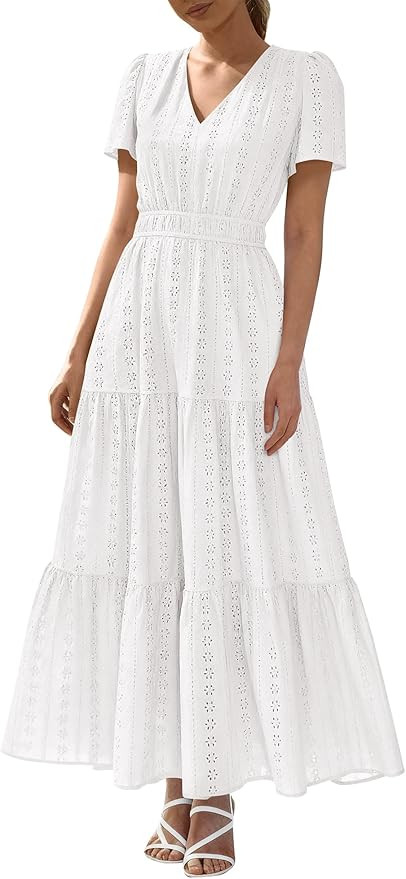 BTFBM Womens Summer Dresses 2026 V Neck Hollow Out Eyelet A Line Flowy Boho Beach Vacation Weddin... | Amazon (US)