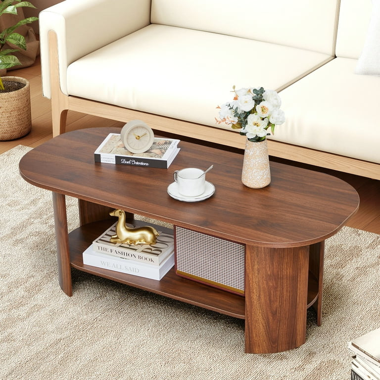 Wirrytor Oval Coffee Table, Farmhouse Modern 2-Tier Storage Accent Center Table With Wooden Dual ... | Walmart (US)