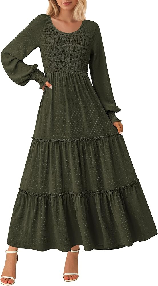 PRETTYGARDEN Women's Smocked Maxi Dress 2025 Fall Casual Long Sleeve Swiss Dot Ruffle Long Flowy ... | Amazon (US)