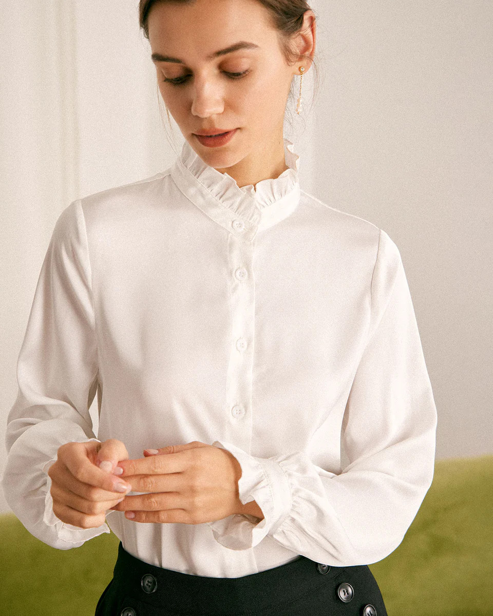 The White Mock Neck Ruffled Satin Shirt & Reviews - White - Tops | RIHOAS | rihoas.com