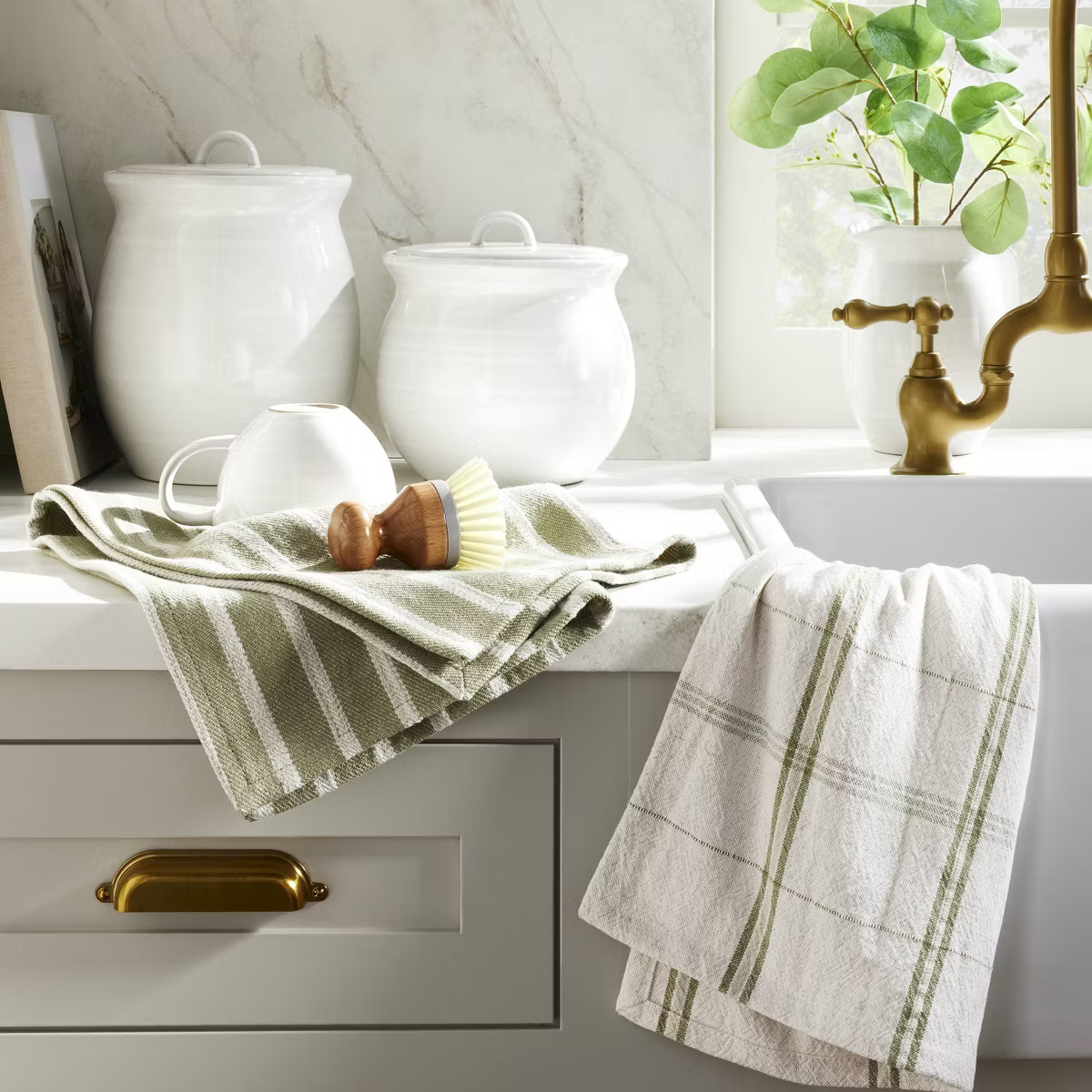 2ct Plaid & Stripe Kitchen Towels Green/Natural - Hearth & Hand™ with Magnolia | Target