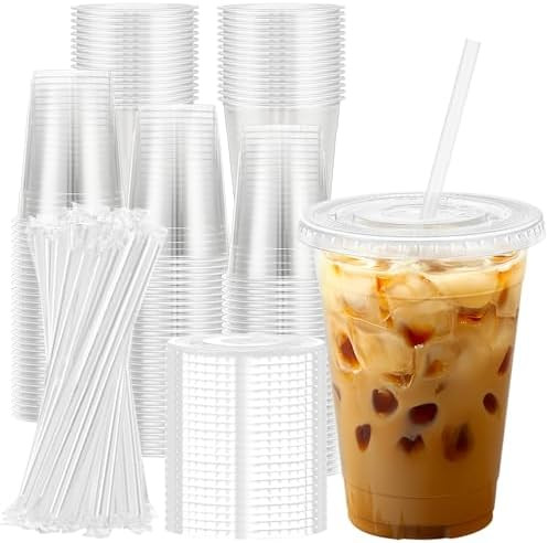 Lamosi 100 Pack 16 oz Clear Plastic Cups with Lids and Straws, Disposable Plastic Coffee Cups wit... | Amazon (US)