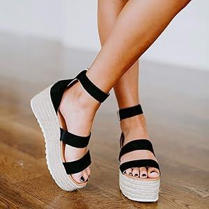Womens Open Toe Ankle Strap Buckle Sandals Trendy Espadrilles Platform Wedge Slingback Flats | Amazon (US)