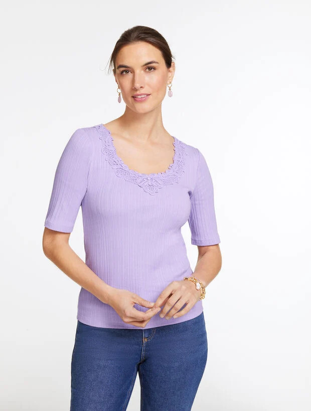 Lace Trim V-Neck Ribbed Top | Talbots