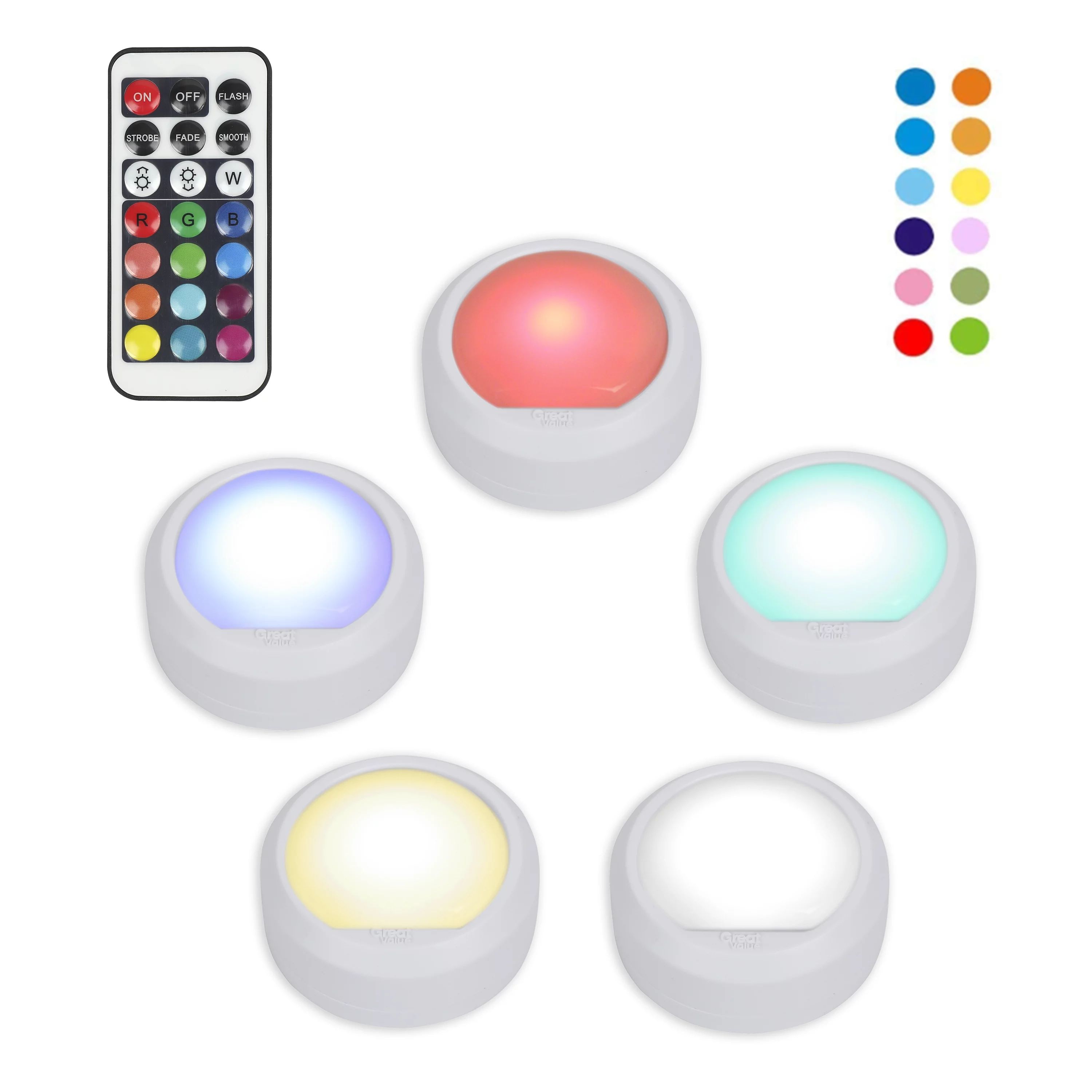 Great Value 5-Pack Color Changing LED Puck Lights with Remote and Batteries, 4151 | Walmart (US)
