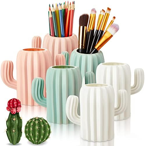 6 Pieces Cactus Pen Cup Cactus Pen Holder Boho Desk Accessories Cactus Desk Organizer Pencil Cont... | Amazon (US)