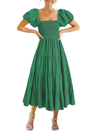 GOLDSTITCH Women's Smocked Maxi Dress Square Neck Ruffle Hem Puffy Short Sleeve Flowy Midi Dress Green | Amazon (US)