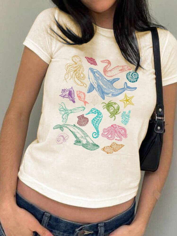 INAWLY Y2K Summer Vacation Marine Life Colorblock Women's Printed T-Shirt Graphic Tees Women Tops | SHEIN