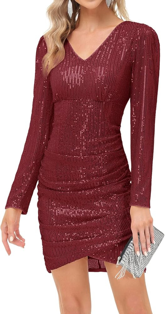 KANCY KOLE Women Sequin Party Dress V Neck Puff Long Sleeve Ruched Bodycon Glitter Dress for Women S | Amazon (US)