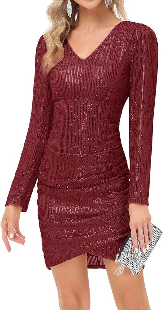 KANCY KOLE Women Sequin Party Dress V Neck Puff Long Sleeve Ruched Bodycon Glitter Dress for Women S | Amazon (US)