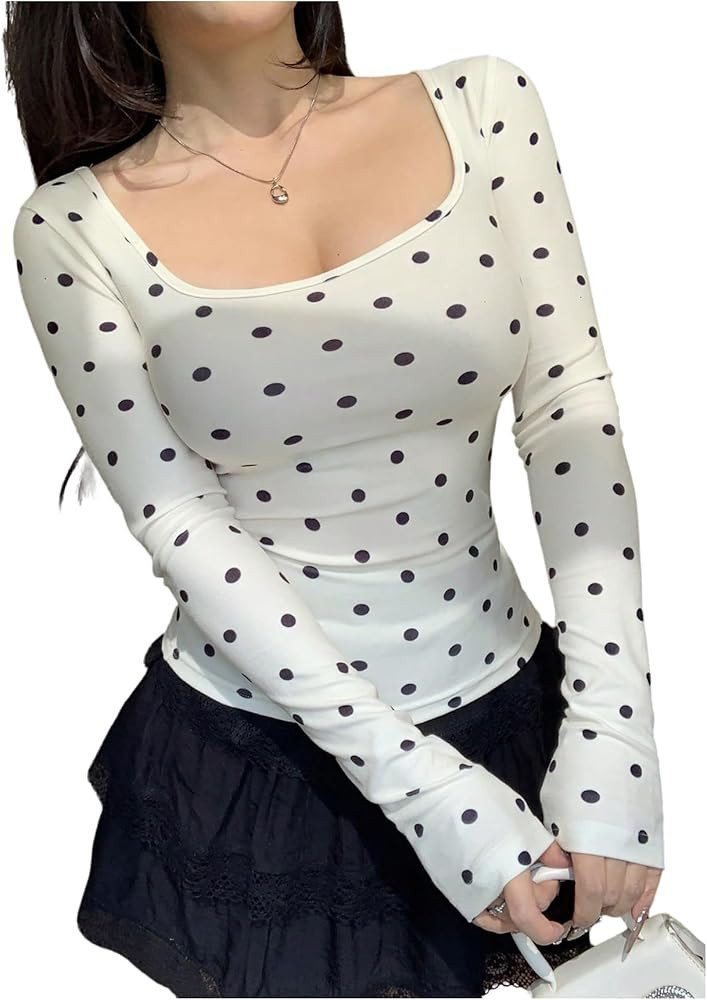 Milumia Women's Polka Dots Top Square Neck Long Sleeve T Shirt Slim Fitted Casual Tee Tops | Amazon (US)