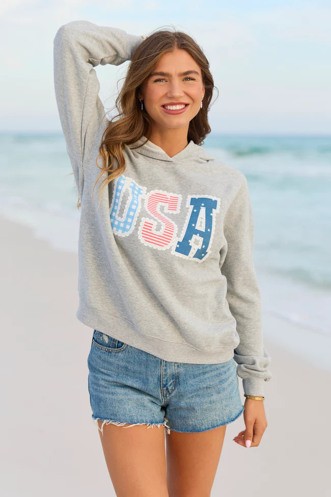 USA Lace Print Light Grey Graphic Hoodie | Pink Lily