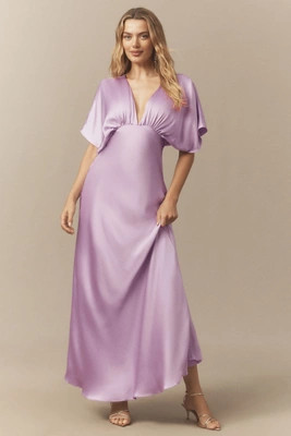 BHLDN Amelia Deep-V Flutter-Sleeve Satin A-Line Gown | Anthropologie (US)