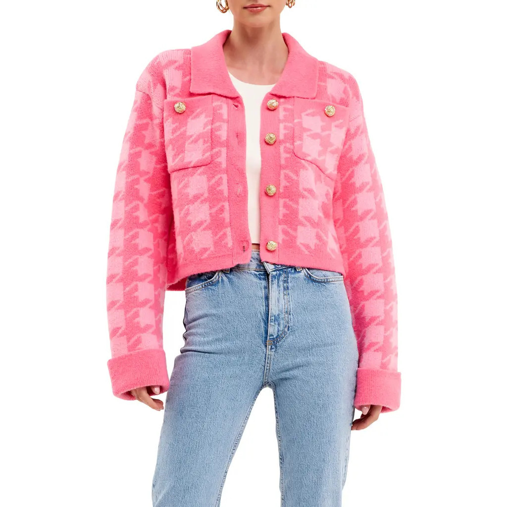 English Factory Houndstooth Cardigan in Hot Pink at Nordstrom, Size X-Small | Nordstrom
