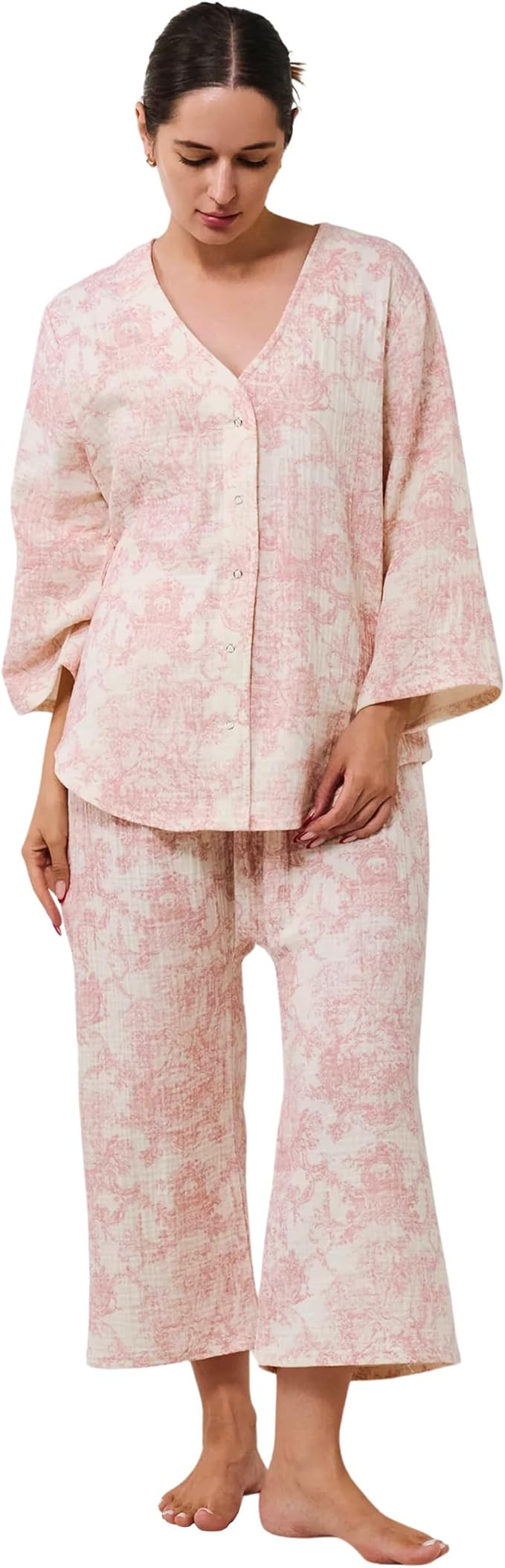 NOTHING FITS BUT 100% Cotton Muslin Gauze Nursing Set, 2 Piece Postpartum Pajamas for Nursing & L... | Amazon (US)