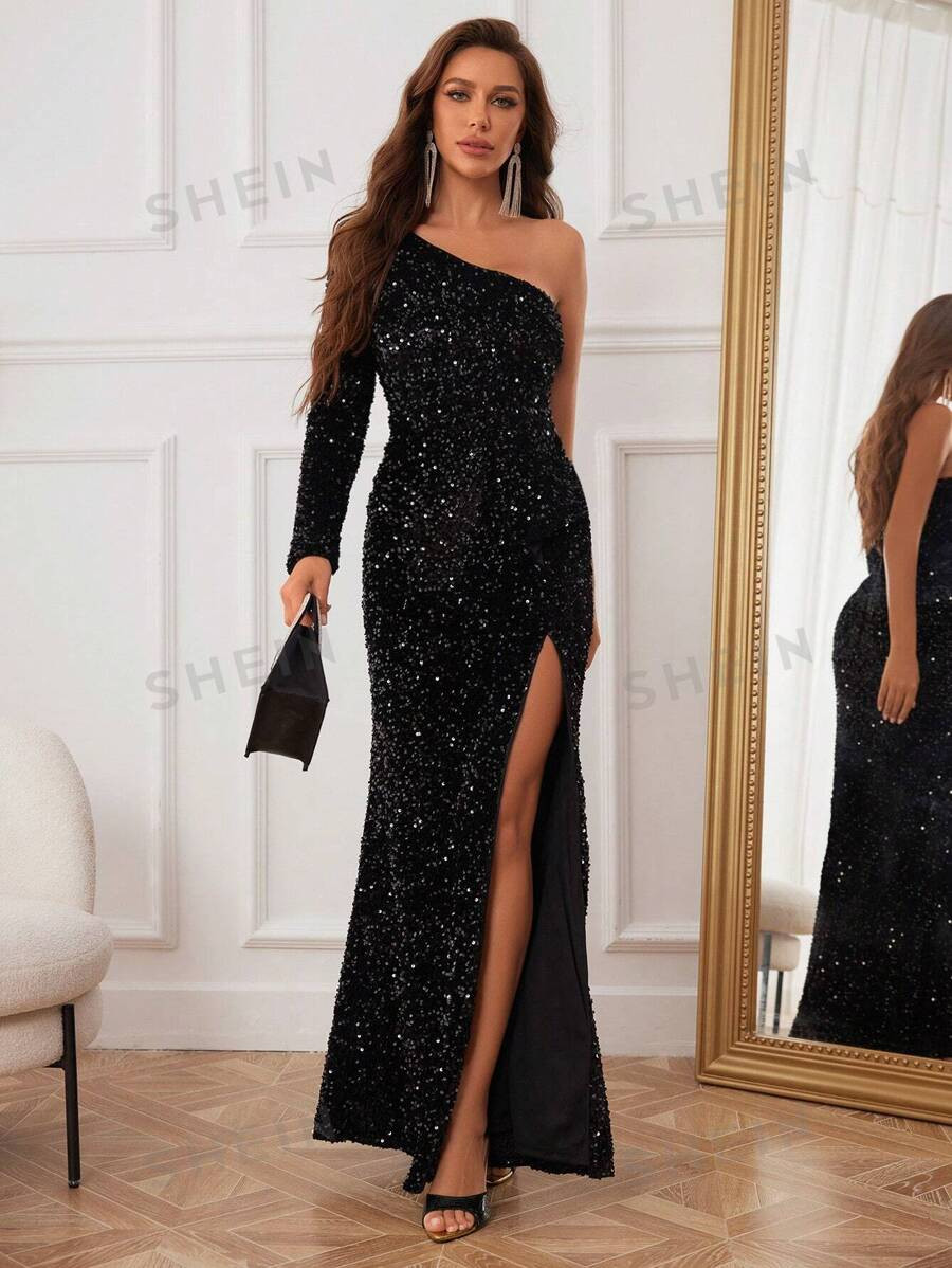 SHEIN Belle Women's One Shoulder Long Sleeve High Side Slit Glitter Dress | SHEIN