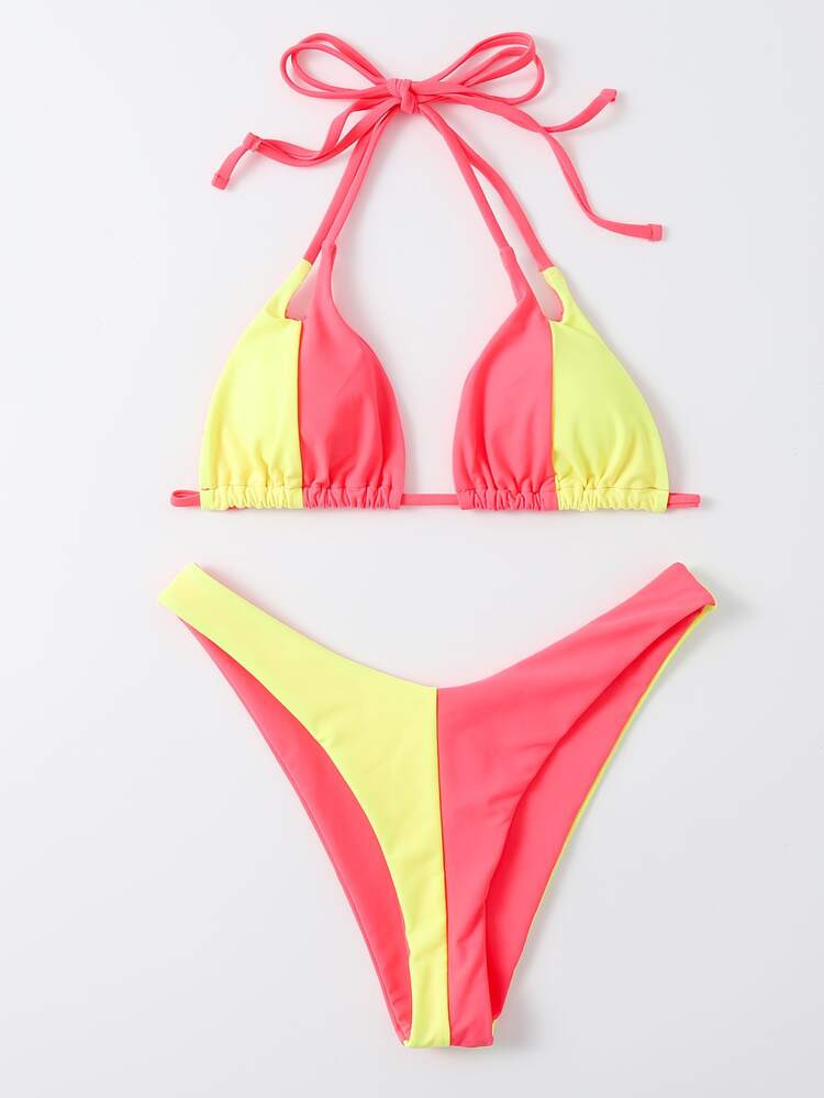 Color Block Halter Triangle Bikini Swimsuit | SHEIN