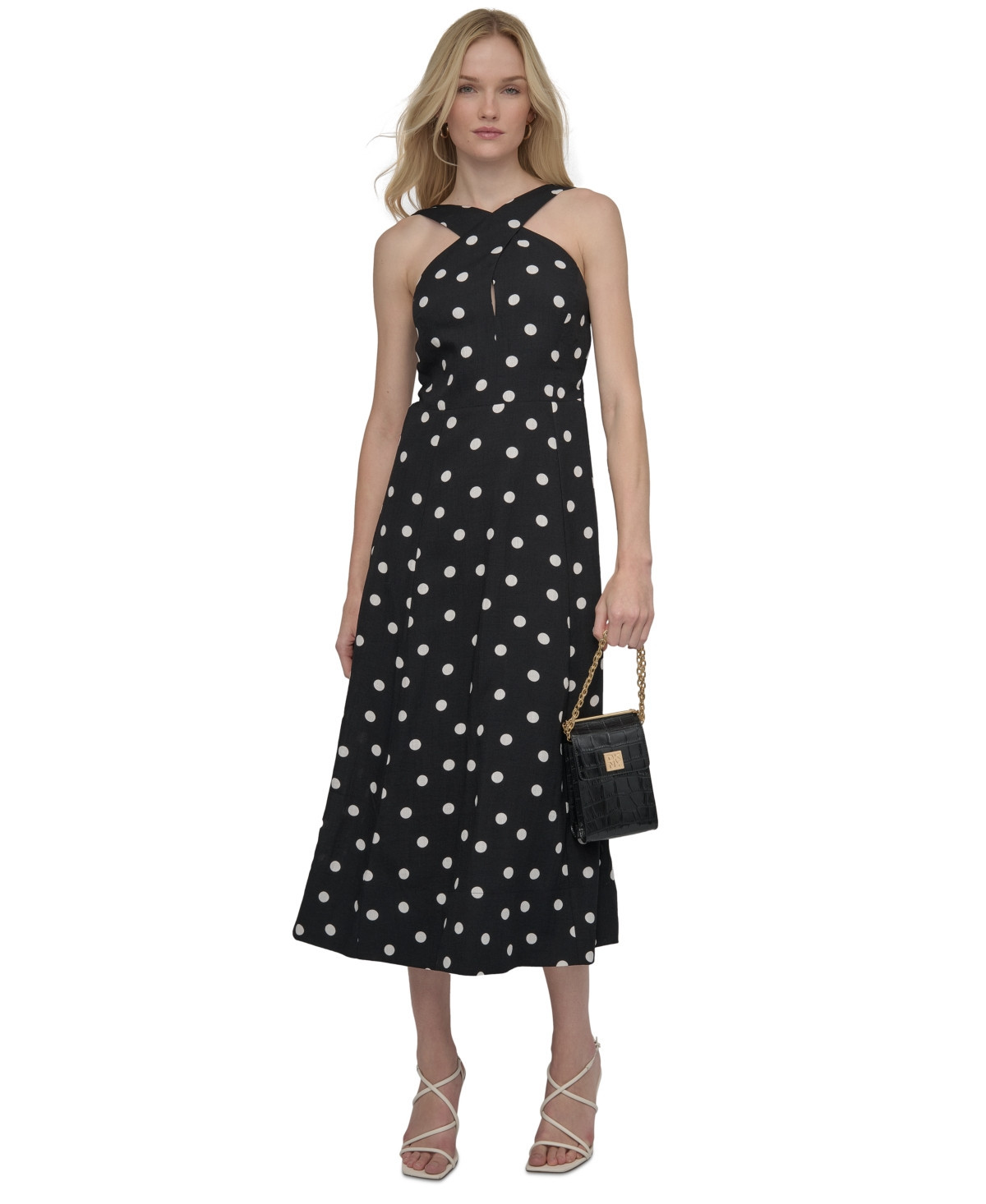 Dkny Women's Polka-Dot Crisscross Halter Midi Dress - Black/Ivory Multi | Macy's