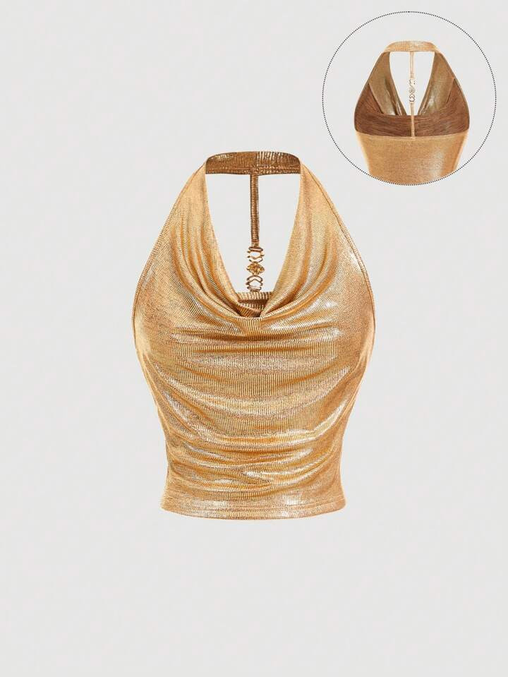 SHEIN MOD Elegant Draped Neck Sequin Women Top, Gold Top,Sequin Top,Rave Outfits,Graduation Outfi... | SHEIN