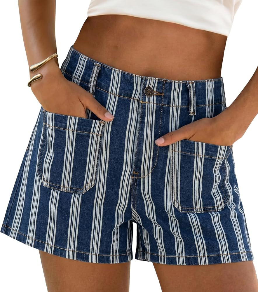 Cicy Bell Womens Summer Striped Jean Shorts Casual High Waisted Wide Leg Denim Shorts Beach Vacat... | Amazon (US)