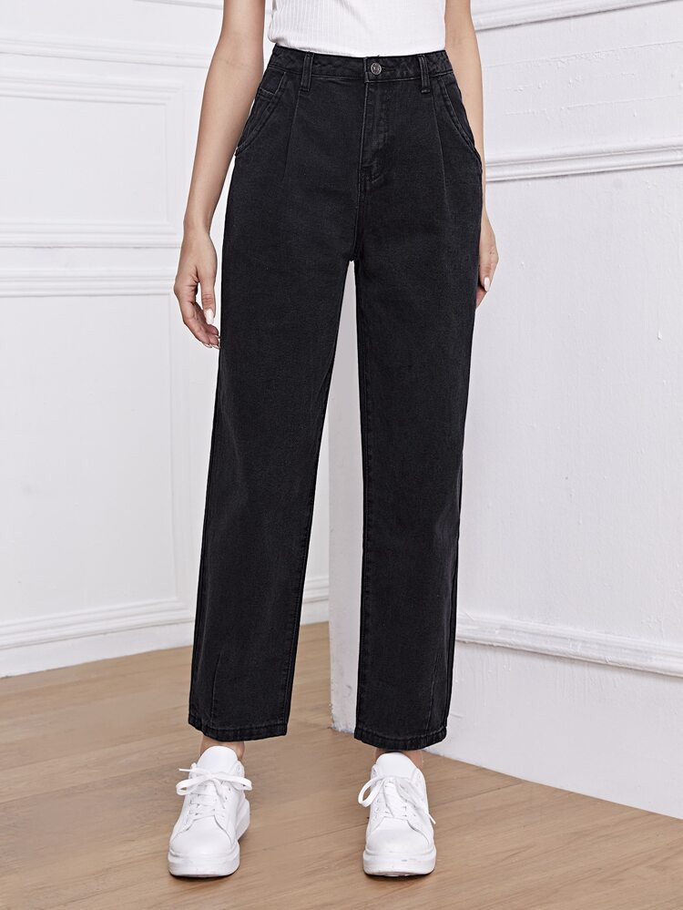 High-Waisted Slant Pocket Straight Jeans | SHEIN
