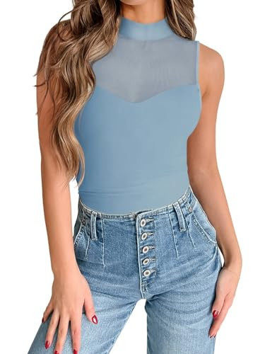 PINKMSTYLE Womens Sexy Mock Turtle Neck Sleeveless Mesh Bodysuit Going Out Tops Summer Tank Tops Sky Blue Small | Amazon (US)