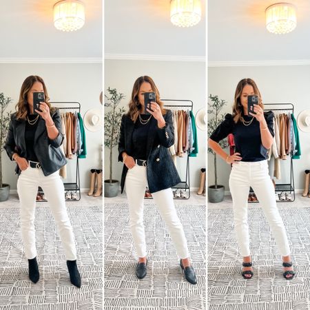 White jeans style 3 ways for fall / grab a black top, white jeans, and change out your shoes and jacket for multiple looks / work outfit / work looks / top is Amazon and $25! - white jeans after Labor Day 

#LTKunder100 #LTKSeasonal #LTKworkwear