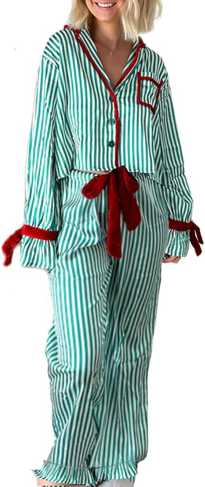 Women Christmas 2 Piece Pajamas Set Y2k Bow Tie Long Sleeve Shirt Wide Leg Pants Cute Print Match... | Amazon (US)