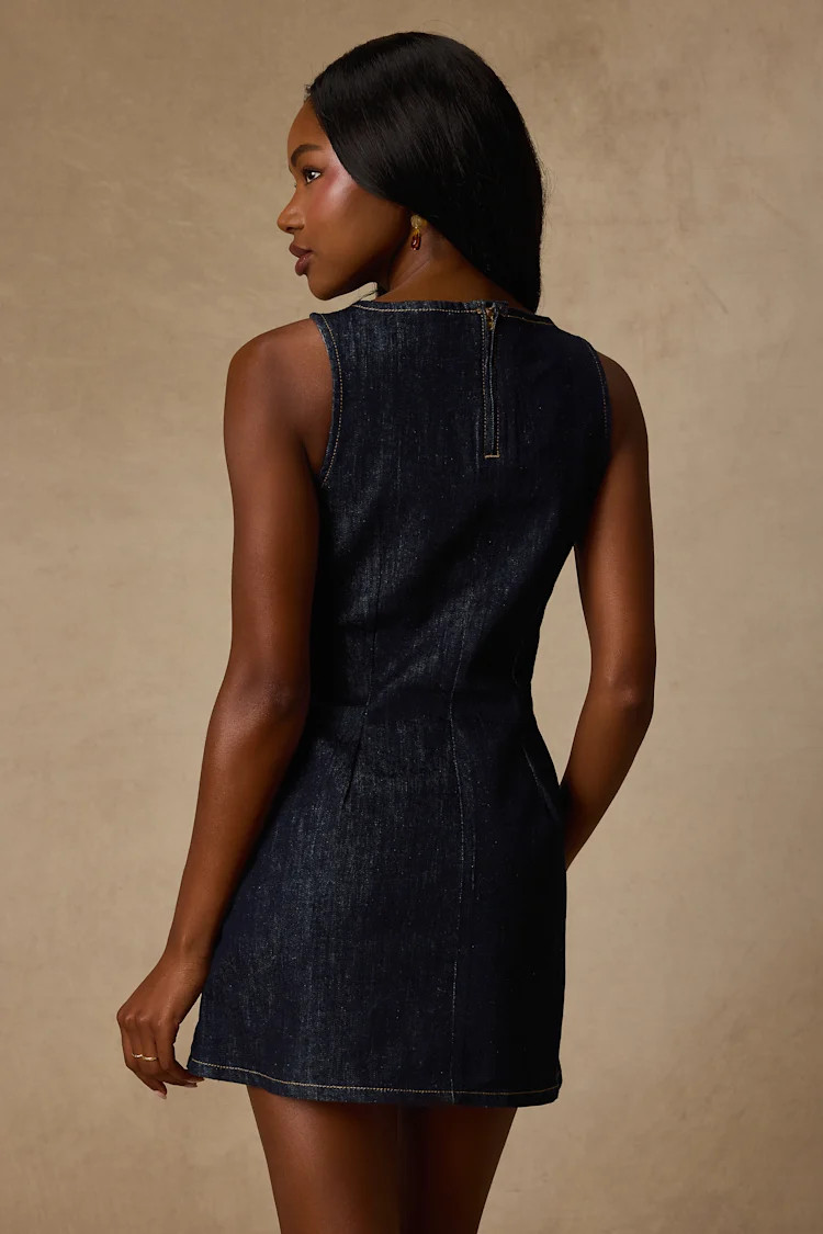 Little Dark Wash Denim Boat Neck Mini Dress | Lulus