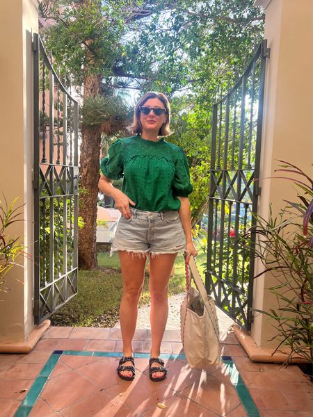 Green short sleeve blouse, denim shorts, leather sandals, sunglasses, canvas tote bag

#LTKeurope #LTKstyletip #LTKSeasonal