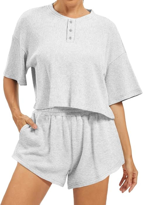 AnotherChill Women's Short Sleeve Waffle Knit Henley Top Shorts Lounge Set | Amazon (US)