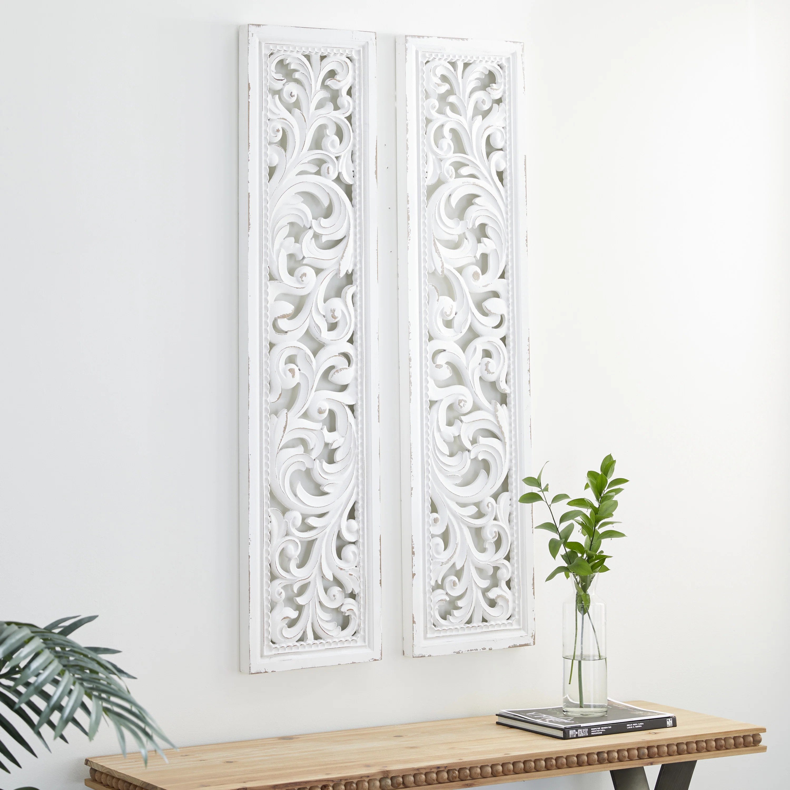 White Wood Intricately Carved Scroll Floral Wall Decor 12"W, 49.5"H (Set of 2) | Wayfair North America