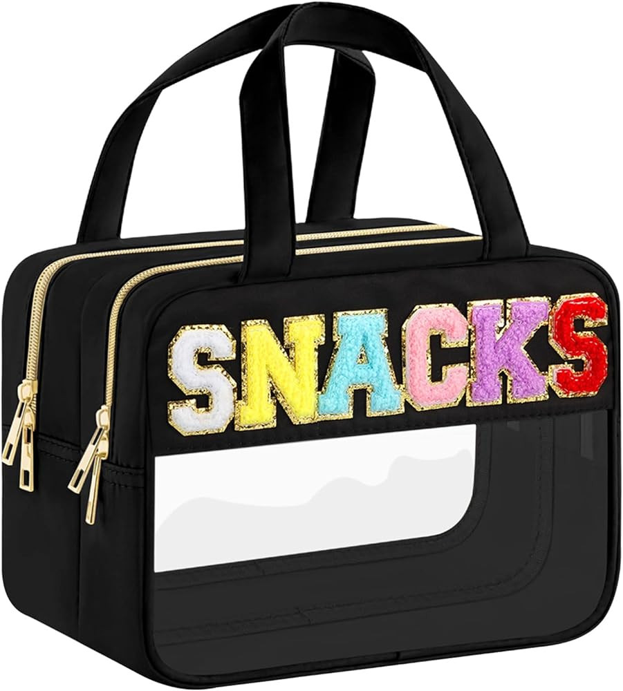 BuyCard Chenille Letter Clear Makeup Bags, Snacks Bag for Travel, Preppy Patch Nylon Cosmetic Bag... | Amazon (US)