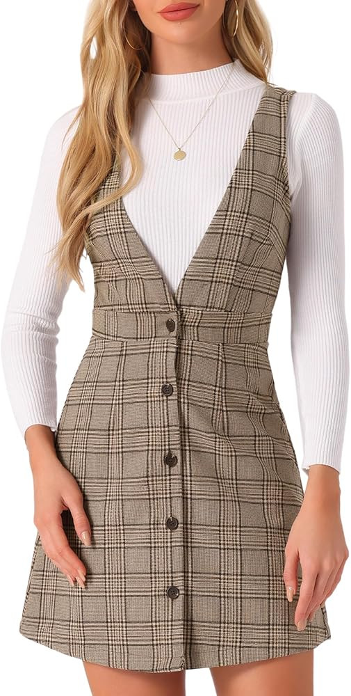 Allegra K Women's Overall Dresses Fall Jumper Halloween Houndstooth Pinafore Plaid Dresses | Amazon (US)