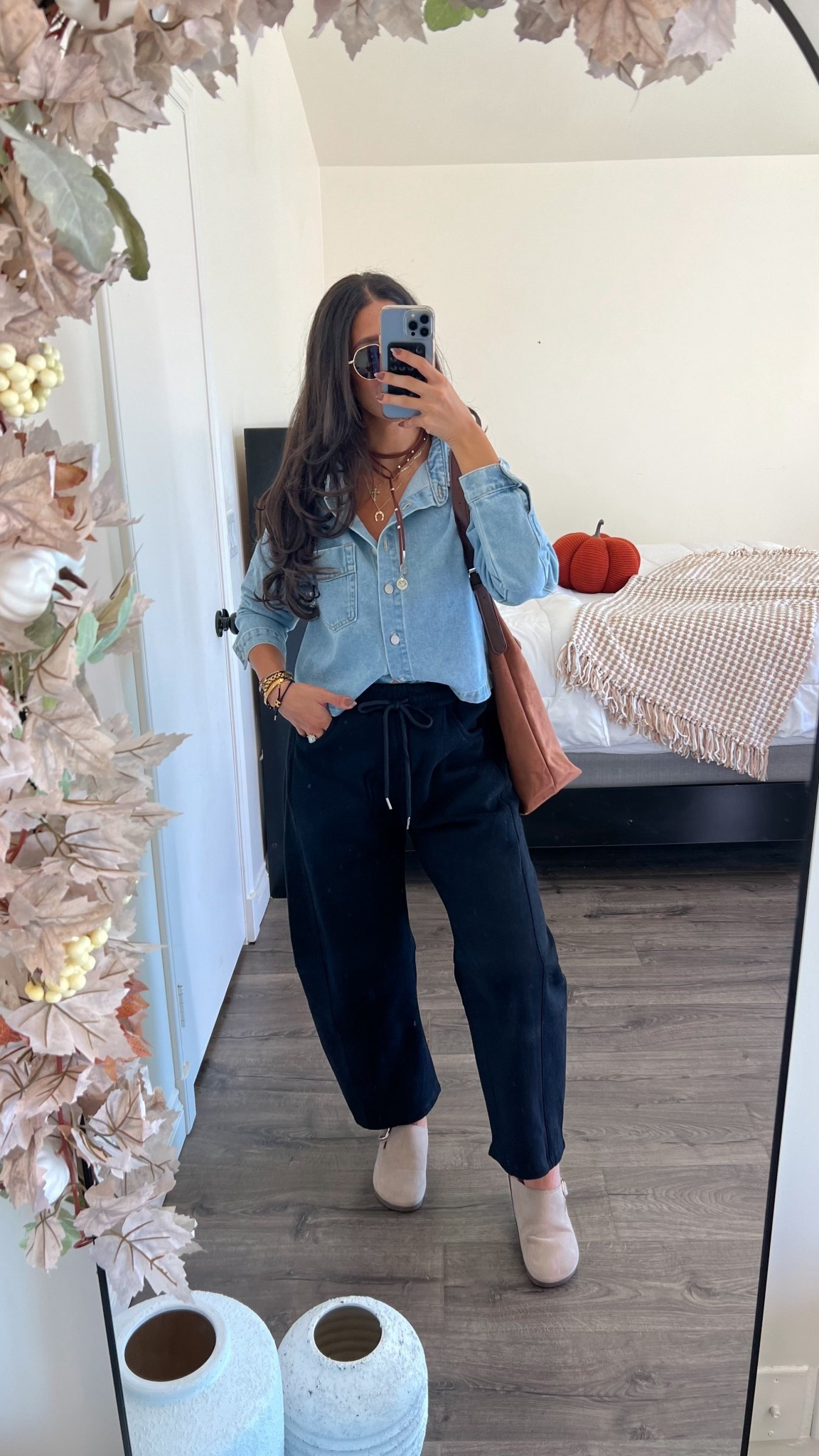 We love this comfy wearable fall fit! Medium in these barrel sweatpants and small in the crop denim button down. 

#LTKMidsize #LTKFindsUnder50 #LTKStyleTip