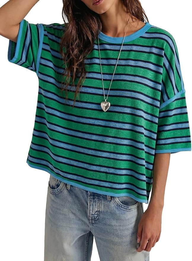 Womens Oversized Striped T-Shirt Cotton Boxy Crop Top 90s Retro Drop Shoulder Ringer Tee Casual S... | Amazon (US)