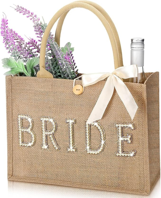 Silkfly Wedding Bride Bag Natural Jute Tote with Ribbon Bride Gift Bag with Handle for Shower(Gol... | Amazon (US)
