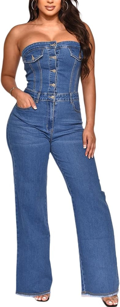 Womens Strapless Denim Jumpsuit Women Off Shoulder Slim Fit Flared Jeans Jumpsuits Rompers Tube B... | Amazon (US)