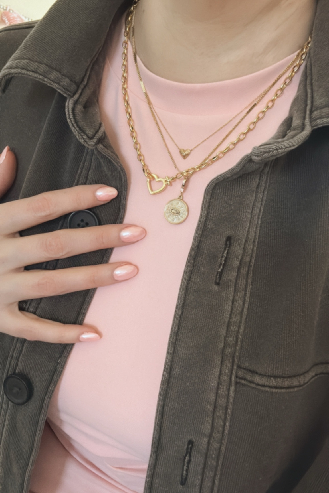 Jewelry & Baby Pink Chrome Nails to match my shirt! Baby pink shirt is similar to skims for a fraction of the cost!

#nailinspo 

#LTKFindsUnder50 #LTKOver40