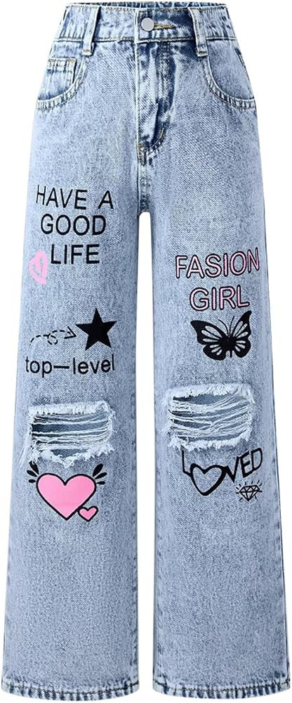 Ripped Denim Jean for Girls Cute Baggy Pants Wide Leg High Waisted Trousers | Amazon (US)