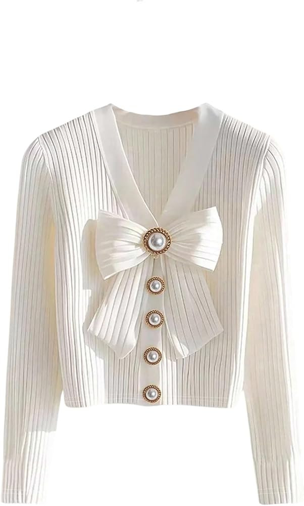 SHENHE Women's Bow Long Sleeve Shirts Pearl Button Decor V Neck Elegant Ribbed Tops | Amazon (US)