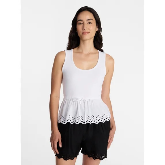 Time and Tru Women's Eyelet Trim Tank Top with Peplum Hem, Sizes XS-XXXL | Walmart (US)