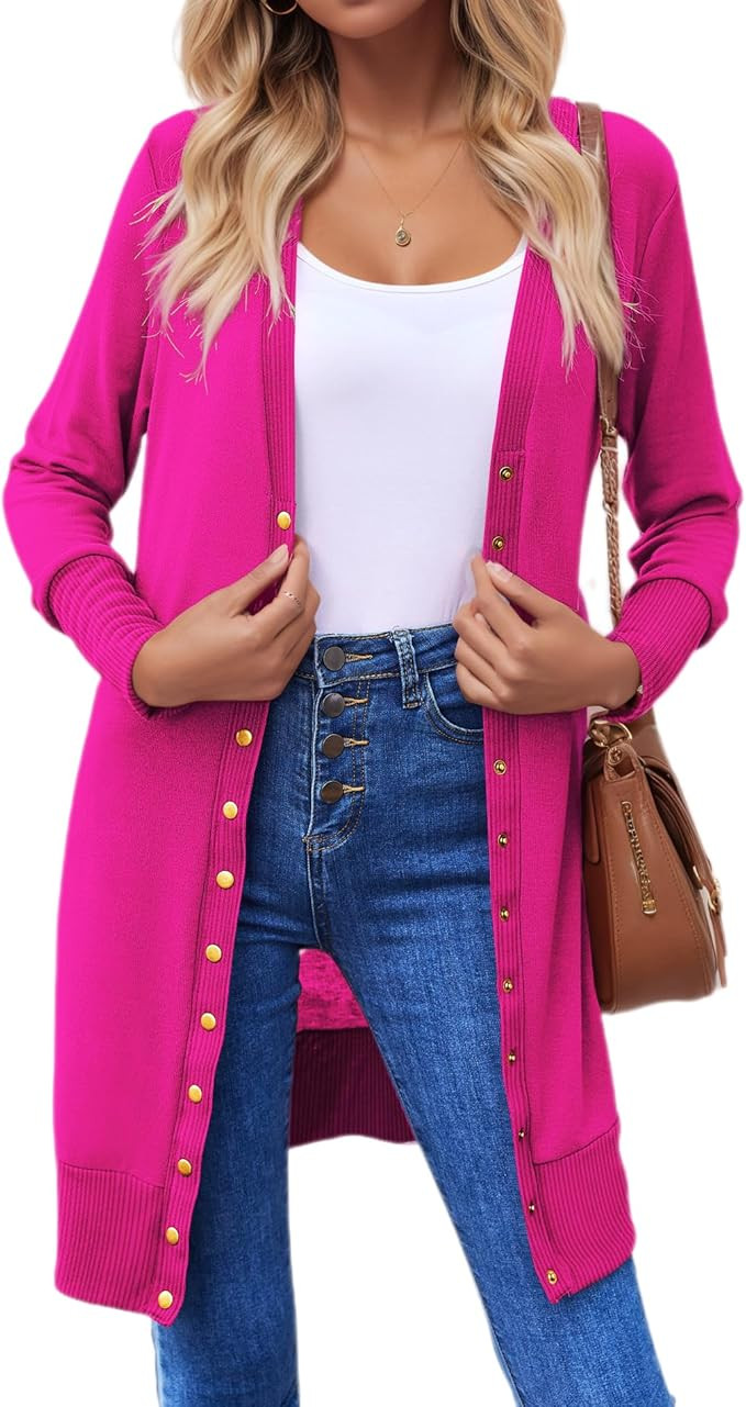 Halife Womens Long Sleeve Cardigans Lightweight Ribbed Neckline Soft Knit Cardigan Sweater with B... | Amazon (US)