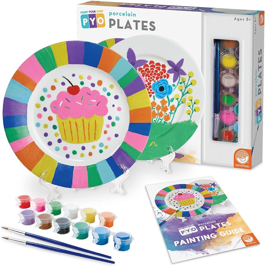 MindWare Paint Your Own Porcelain Plates - Kit Includes 2 Porcelain Plates, 12 Paints, 2 Paint Br... | Amazon (US)