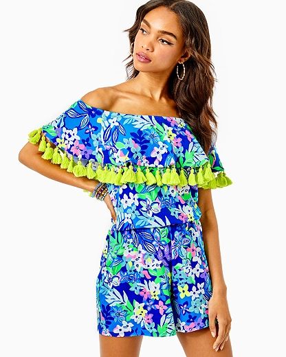 Women's La Fortuna Off-The-Shoulder Romper in Blue Size XS, Social Sunset - Lilly Pulitzer | Lilly Pulitzer