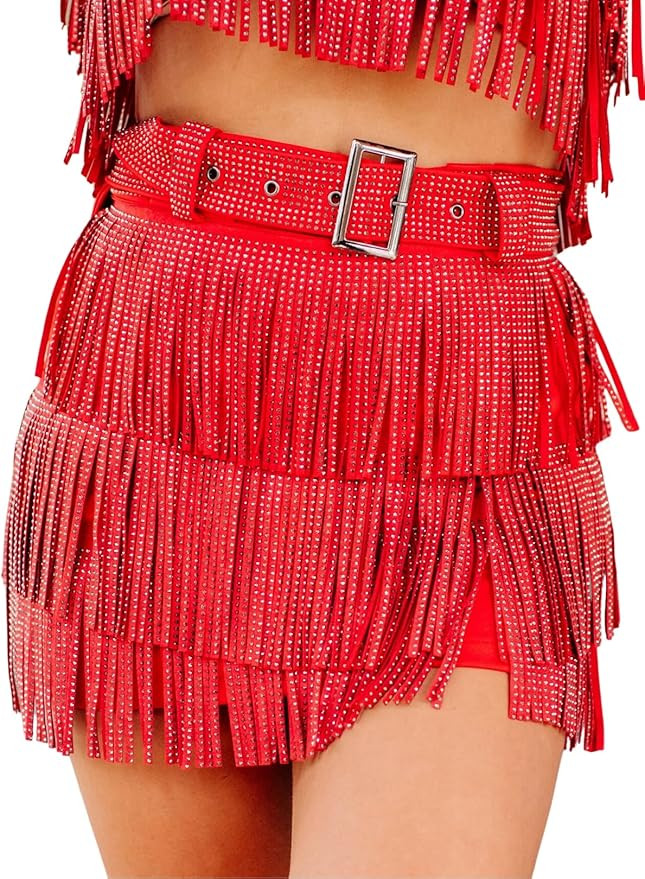 Womens Sparkle Rhinestone Fringe Skirt Elastic Waistband Short Mini Dress with Adjustable and Rem... | Amazon (US)